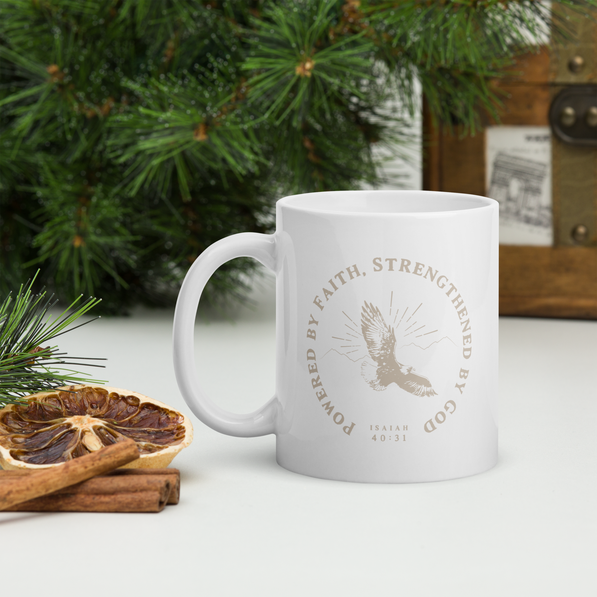 Wait, Trust, Soar White Glossy Mug – Inspirational Christian Coffee Cup with Faith-Based Design