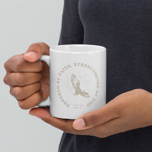 Wait, Trust, Soar White Glossy Mug – Inspirational Christian Coffee Cup with Faith-Based Design