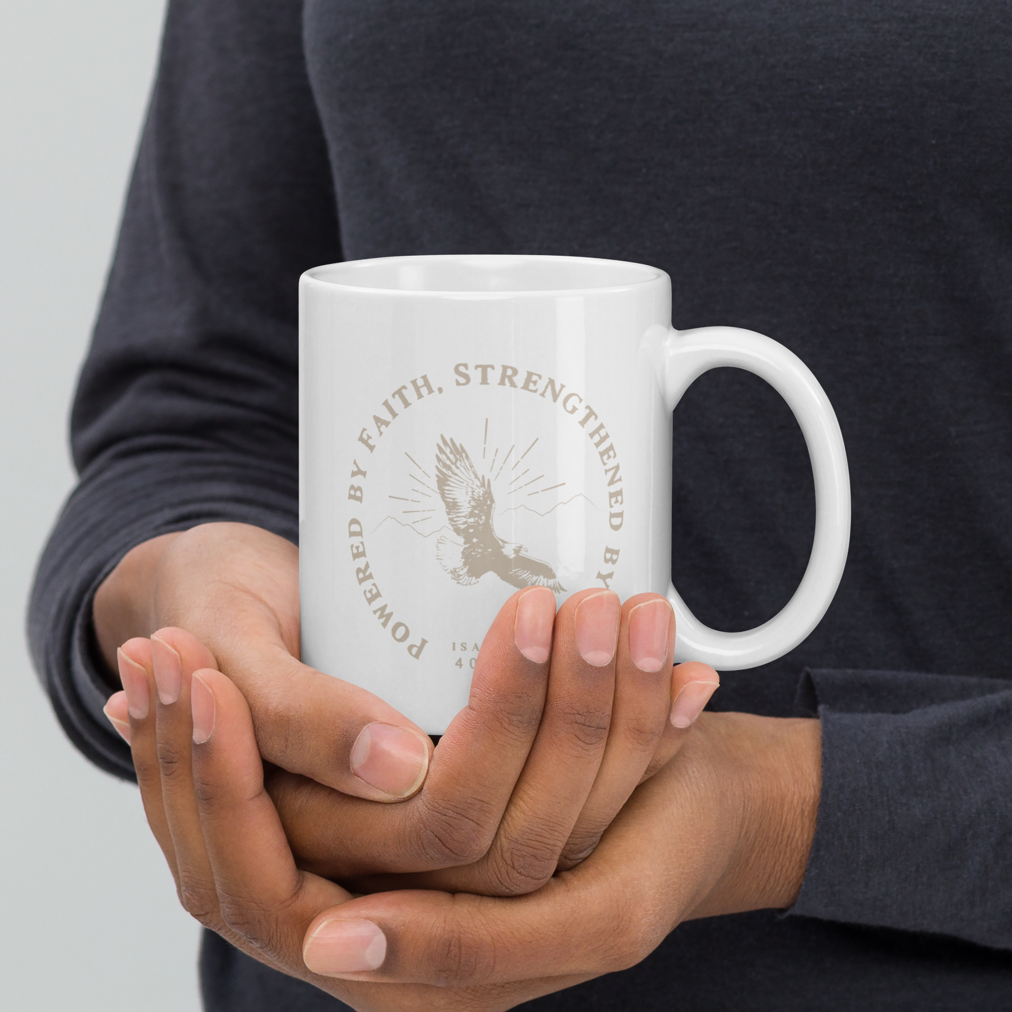 Wait, Trust, Soar White Glossy Mug – Inspirational Christian Coffee Cup with Faith-Based Design